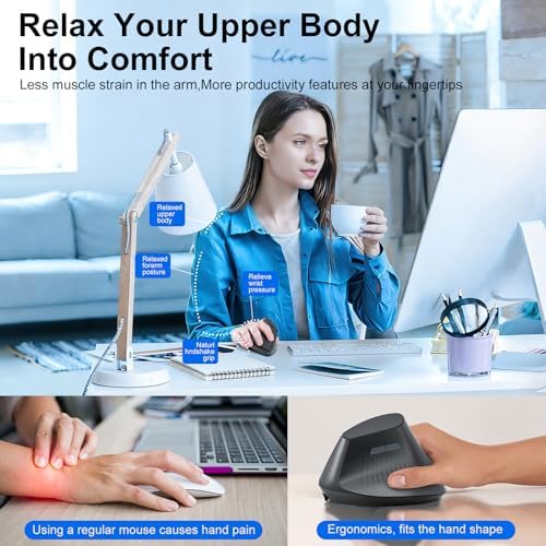 Ergonomic Bluetooth Mouse, Wireless Rechargeable Vertical Mouse for Carpal Tunnel with USBC & BT 5.0/3.0 & 2.4G Connect, Silent, Easy to use, 6 Buttons for Laptop PC MacBook Desktop Computer