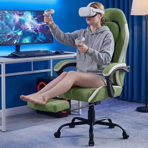 Gaming Chair with Footrest, Ergonomic Fabric Desk Chair, Dark Green