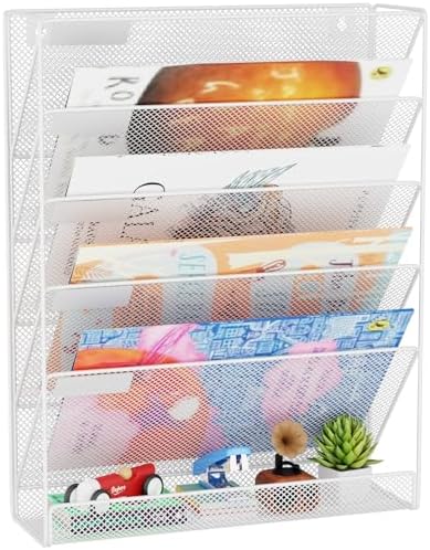 Wall File Organizer Holder Mesh Hanging Paper Document Holder,Vertical 6 Pocket Tier for Office Home, White