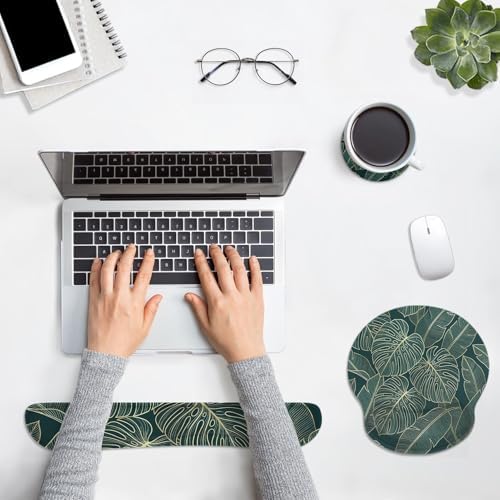 Britimes Ergonomic Mouse Pad Set with Wrist Rest, Green Palm Leaves