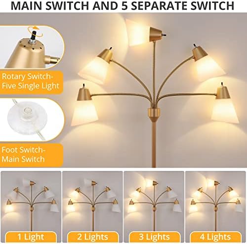FOLKSMATE LED Floor Lamp, Medusa Multi Head Modern Tall Standing Lamps, Adjustable Corner Reading Floor Light for Living Room, Bedroom, Kids Room, White and Colored Lampshades, Brass Gold