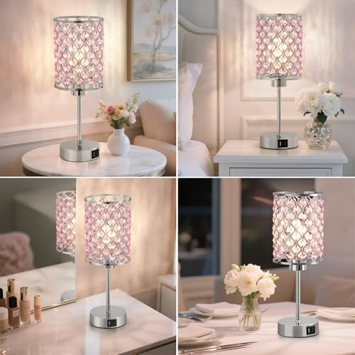 GyroVu Pink Crystal Bedside Table Lamps Set of 2 with USB C+A Ports