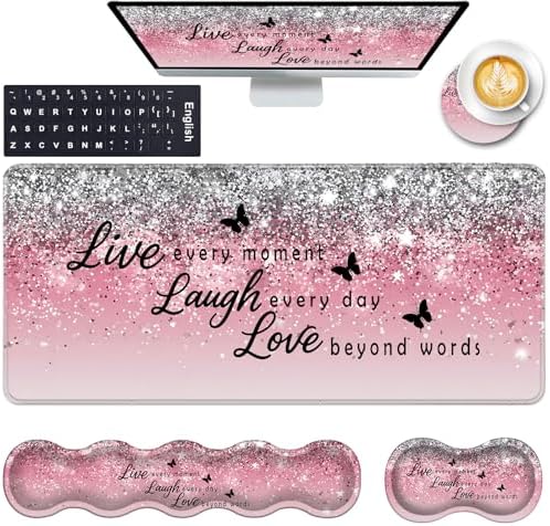 Keyboard Wrist Rest and Mouse Pad with Wrist Support Set Ergonomic Coaster,Memory Foam,Easy Typing Pain Relief,Large XL Desk Mat 31.5"x 11.8",Pink Glitter Quote Live Love Laugh