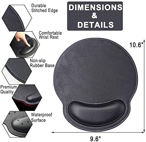 Mouse Pad Leather Wrist Rest Support, Ergonomic Memory Foam Mouse Wrist Rest Pad with Non Slip Rubber Base, Durable, Comfortable Mousepad for Computer Pain Relief at Home, Office, Work Travel, Black