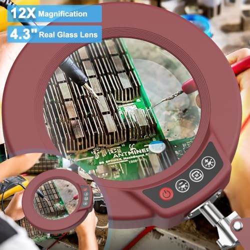 Coyeth 12X Magnifying Glass with Light and Stand, 5 Color Modes Stepless Dimmable 2-in-1 Lighted Magnifier with Clamp, LED Desk Lamp Hands Free for Crafts Hobby Reading Painting Sewing Close Work Red