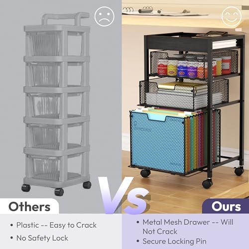SWTYMIKI Rolling File Cart with Drawers - 4 Tier Under Desk Storage Craft Rolling Organizer Cart - Office Storage &Organization, Mobile Metal Filing Cabinet for Office and Home Black