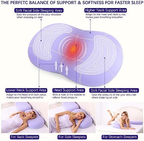 Memory Foam Pillows - Cervical Neck Pillows for Pain Relief, Ergonomic Contour Pillow for Side Back Stomach Sleepers (Purple)