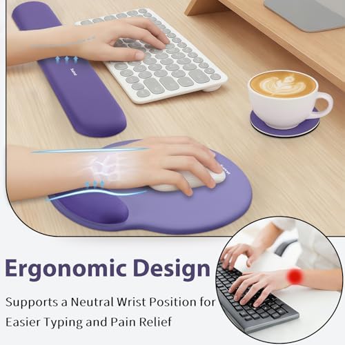 Sushret Mouse Pad and Keyboard Wrist Rest, 3-in-1 Gel Memory Foam Ergonomic Mouse Pad with Wrist Rest Set, Gaming Mousepad Arm Cushion Support for Computer Office Desk Accessories Cute Setup, Purple