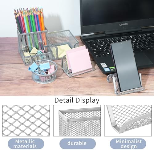6 Pack Mesh Metal Desk Organizer Stationery Storage Set Silver