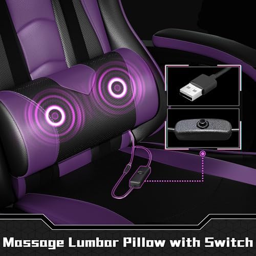 Yaheetech Gaming Chair with Footrest Massage Lumbar Pillow Black and Purple