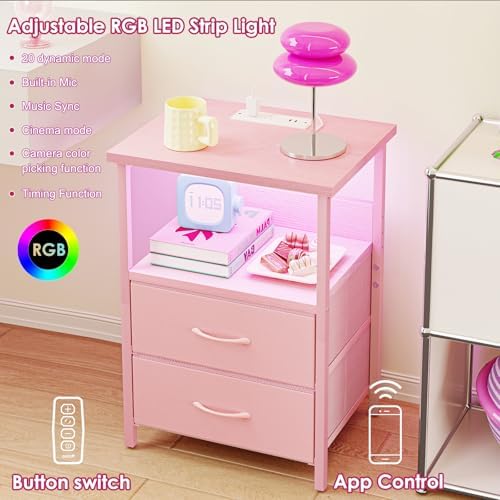 Fixwal Night Stand with Charging Station, Led Nightstand, Pink, 2 Drawers