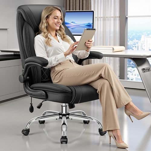 BestGlory Executive Office Chair with Lumbar Support, Big and Tall Ergonomic Computer Desk Chair, Leather Comfy High Back Gaming Chair with Flip Up Arms & Rocking Function for Home Office, Black