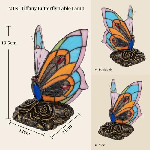 Tiffany Style Butterfly Lamp - Stained Glass Table or Desk Light LED Bulb Included - Colorful Vintage Look Butterfly Decor for Bedroom Living Room Office