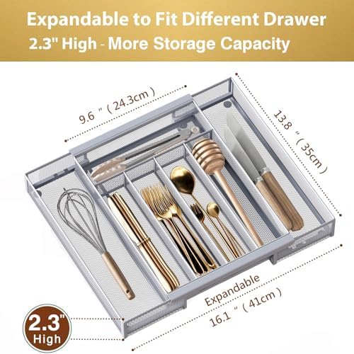 Sedegn Silverware Organizer Metal Mesh, Drawer Organizer, Utensil Cutlery Tray Expandable Flatware Organizer with 7 Compartment Silver 9.6"~16.1" x 13.8"