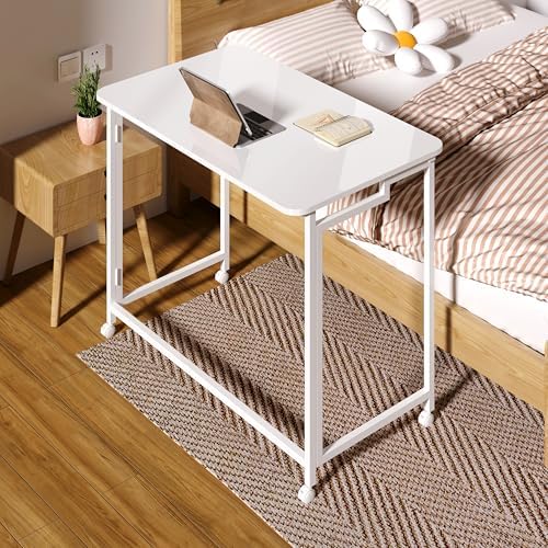 4NM 27.5" Mobile Small Rolling Computer Desk, Folding Laptop Cart Table with Wheels, Portable Office Desk for Small Space Couch Bed - All White