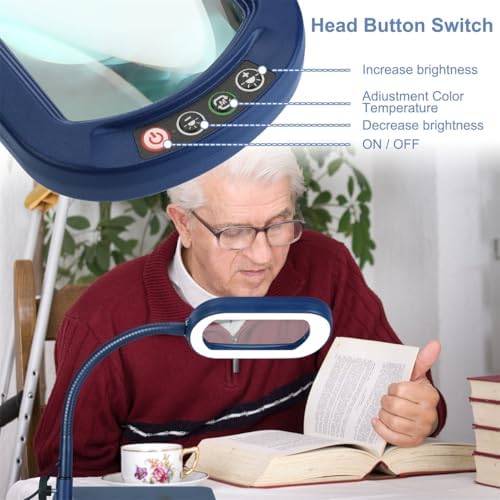Veemagni 12X Rectangle Magnifying Glass with Light and Stand, Flexible Gooseneck LED Lighted Desk Lamp, 5 Color Modes Stepless Dimmable, Hands Free Magnifier for Reading Painting Close Work - Blue