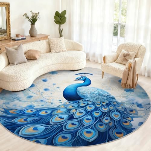 Peacock Round Rug - 4ft Washable Peacock Round Area Rug for Living Room, Abstract Animal Circle Rugs Soft Non-Slip Carpet for Bedroom Kitchen Dining Table Decor Mat