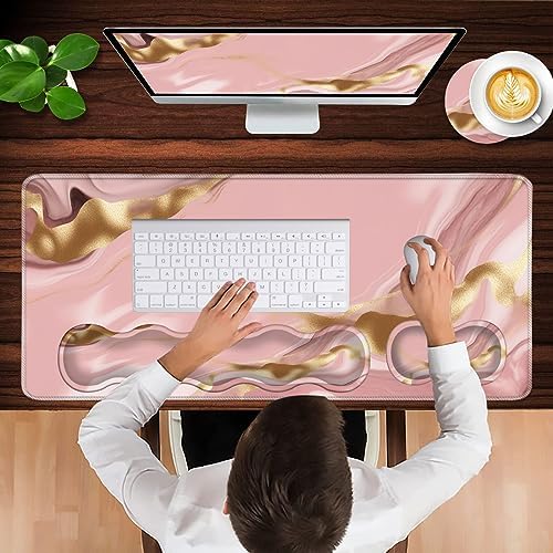 Keyboard Wrist Rest and Mouse Pad with Wrist Support Set Ergonomic Coaster,Memory Foam,Easy Typing Pain Relief,Large XL Desk Mat 31.5"x 11.8",Pink Marble