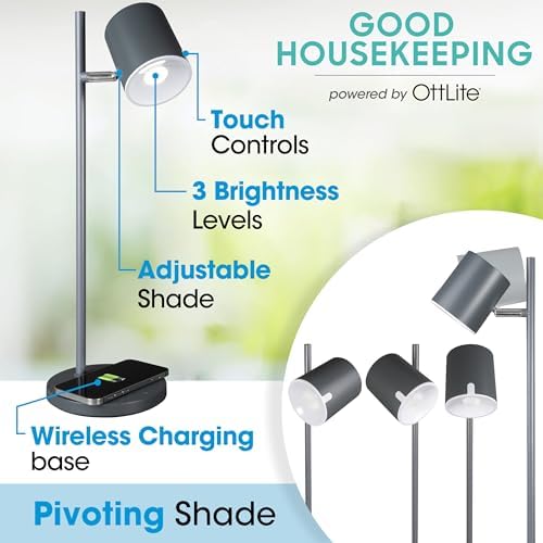 OttLite Good Housekeeping Modern LED Desk Lamp, Wireless Charging, Grey
