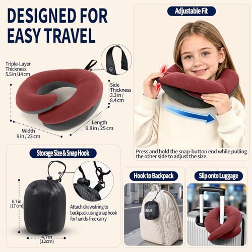 BUYUE Kids Travel Pillows for Airplane, Memory Foam 360° Head Support Sleeping Essentials for Long Flight, Skin-Friendly Soft Neck Pillow for Traveling in Car Seat, (Small, Red Grey, 40-90 lbs)