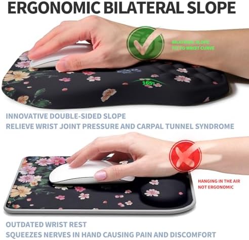 Ergonomic Raised Mouse Pad Wrist Support with Bilateral Slope Memory Foam Mousepad for Wrist Rest and Carpal Tunnel Pain Relief 11.8x7.9〃Flowers Bloom and Fade