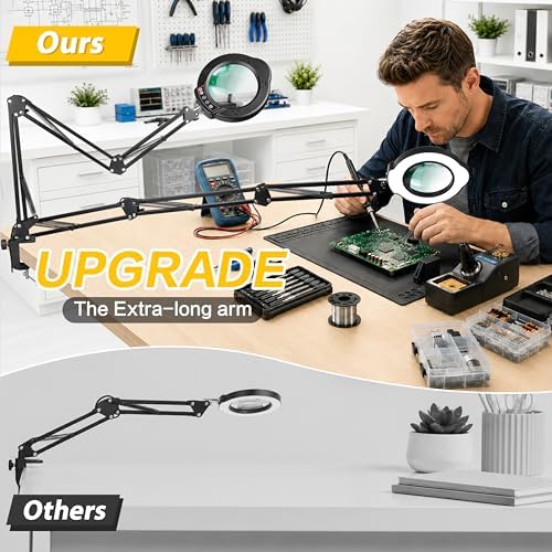 15X Magnifying Glass with Light, Stand & Clamp, Ultra Long 3-Section Swing Arm LED Magnifying Lamp, Dimmable with 5 Color Modes, Hands Free Desk Lamp for Workbench, Repair, Close-Up Work