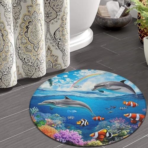 Machine Washable Modern Round Area Rug, Room Sofa Yoga Soft Round Carpet, Home Decor Non Slip Kitchen Office Circle Rug Blue Ocean Underwater World Dolphin Art, 36inch