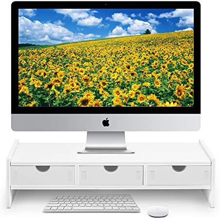 valen Monitor Stand Riser, Computer Laptop Riser Shelf with 3 Organizer Drawers (White, 19.5" L x 7.5" W x 4.7" H) (White)