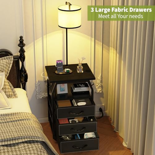 runjuly Floor Lamp with Table Set 2, End Table with Light & Charging, Black