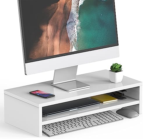 FITUEYES Wooden Monitor Stand Riser, 2-Tier Desk Storage Shelf, White