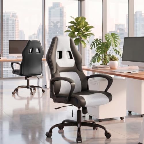 Gaming Chair Office Chair Desk Chair Massage Ergonomic PU Leather Racing Chair with Lumbar Support Headrest Armrest Task Rolling Swivel Computer Chair for Women Adults Girls(White)