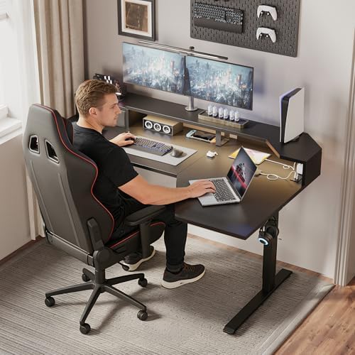 Agilestic 63*35 Inch L Shaped Standing Desk with Shelf & Led& Outlet, Black