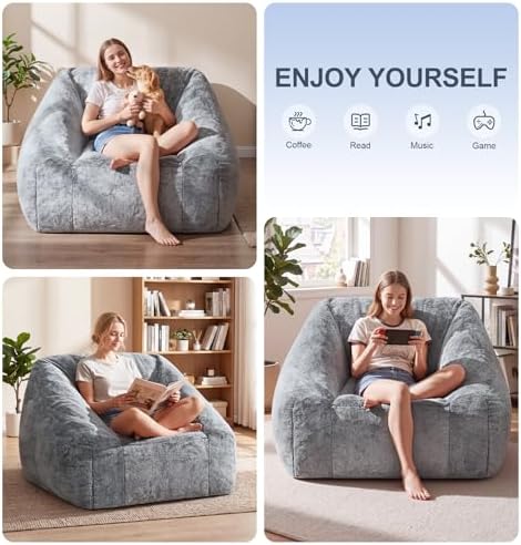 Hobestluk Bean Bag Chair Plush Accent Chair Armrest Living Room Adult Grey