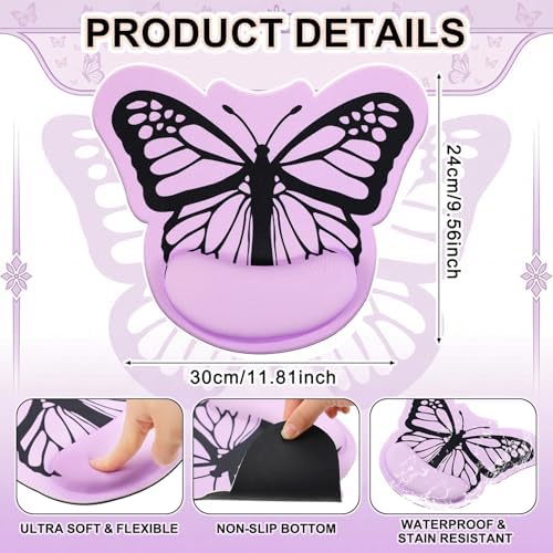 Sabary Purple Mouse Pad with Wrist Rest Butterfly Ergonomic Gel Mouse Pad