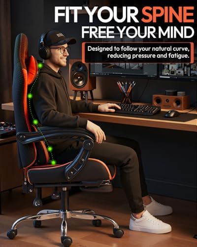 Dowinx Ergonomic Gaming Chair with Footrest & Massage Lumbar, 2D-Linkage Armrests for Computer Chair 330lbs with Headrest Pillow for Office, Home, Streaming and Long Gaming Sessions, Red