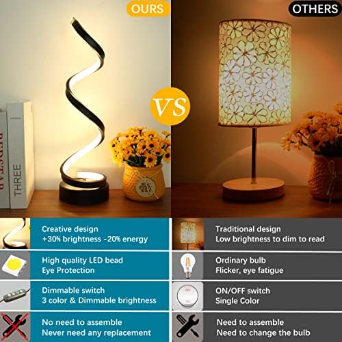 Modern Table Lamp Set of 2, Dimmable Spiral Desk Lamps for Bedside, 12W LED with 3 Color & 10 Brightness Levels, Perfect for Bedroom & Living Room (Black)
