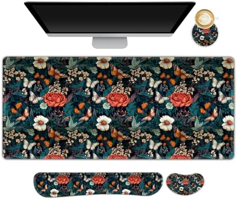 AIMSA XXL Large Gaming Mouse Pad Set with Wrist Rest, Retro Floral Butterfly Pattern, Multicolor, Fabric, Memory Foam, 4 in 1 Combo, Ultra-smooth, Non-slip, Stitched Edges