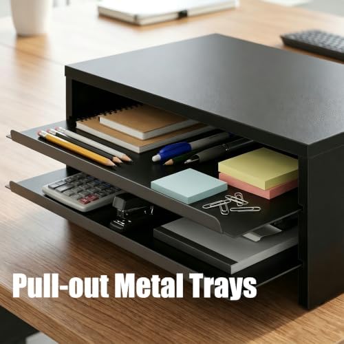 Fenge 14.3-Inch Monitor Stand with Slide-Out Trays, Wood & Metal Desk Shelf