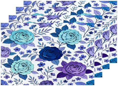 Shrahala Cobalt Blue Floral Orientalism Flower Placemats, Set of 4 (12 x 18 inch) for Valentine's Day