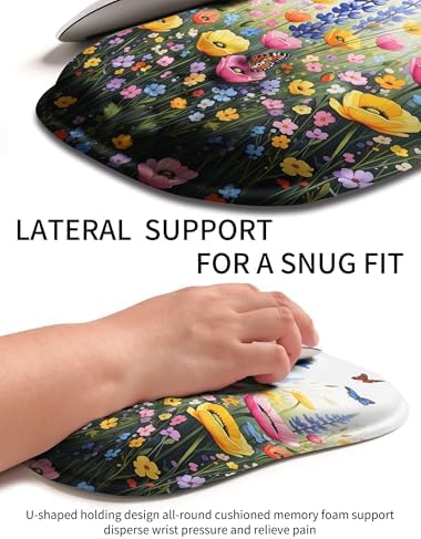 Hokafenle Ergonomic Wrist-Hugging Mouse Pad Wrist Support, U-Shaped Holding Wrist Rest Mousepad for Carpal Tunnel Pain Relief with Cushioned Memory Foam Slope Massage Bulge (10.2x8.3 in,Flowers)
