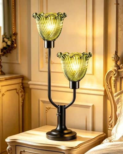 Green Glass Table Lamp for Bedroom Vintage Flower Lamp Dimmable
