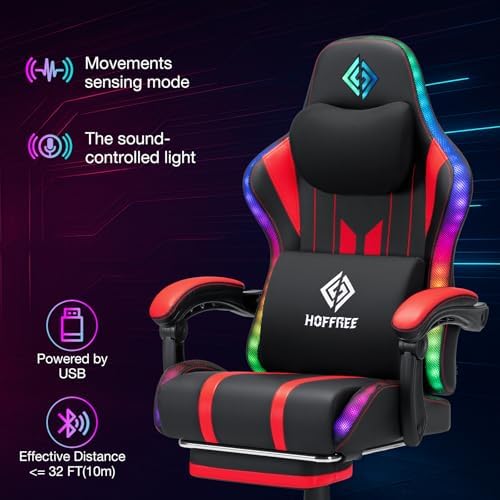HOFFREE RGB Gaming Chair with Speakers Music Rhythm Lights Game Chair-Red