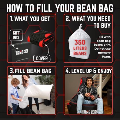 Gaming Bean Bag Chair Cover for Adults, High Back, Large Pockets, Red