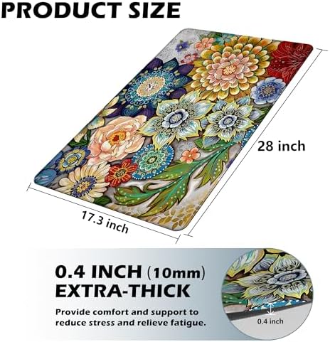 Floral Kitchen Rug Mat for Floor Boho Cushioned Anti-Fatigue Mat Non-Slip Standing Desk Waterproof Comfort Floor Mat for Sink, Office, Laundry, 17.3x28 Inch