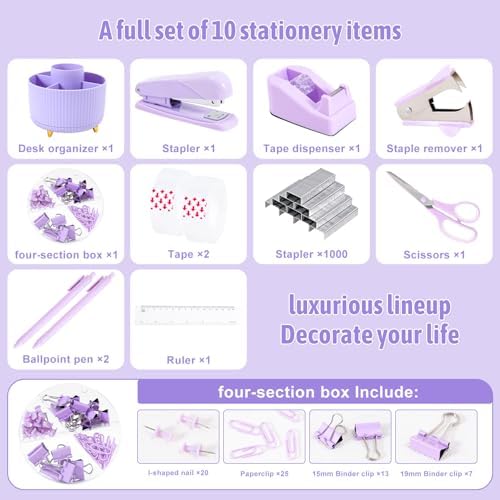 Gawsey Purple Desk Organizers and Accessories with Desk Organizer 360° Rotating Pen Holder and Office Supplies, Cute Stationery Supplies Set