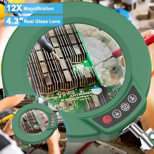 12X Magnifying Glass with Light and Stand, 5 Color Modes Stepless Dimmable 2-in-1 Lighted Magnifier with Clamp, LED Desk Lamp Hands Free for Crafts Hobby Reading Painting Sewing Close Work Green