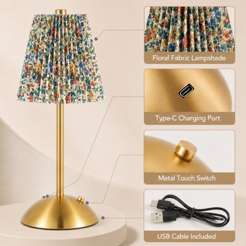 2 Pcs Cordless Table Lamp Rechargeable Touch Lamp, Gold Floral