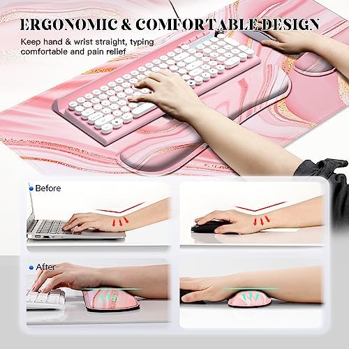 Gimars 4 in 1 Mouse Pad and Keyboard Wrist Rest Set, Large Mouse Pad with Memory Foam Wrist Support Pad for Desk with Coaster, Easy Typing Pain Relief, Gaming Office Home, 31.5x12 inch, Pink Golden