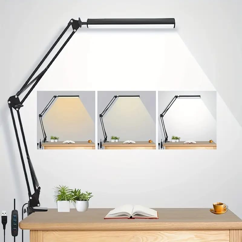 LED Desk Lamp with Eye-Caring 3 Modes 10 Brightness, Adjustable Swing Arm Long Flexible Lamp for Office Workers and Students, USB Port