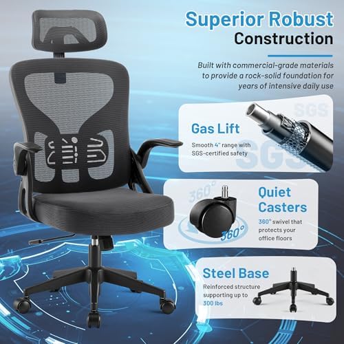 Office Chair Ergonomic Desk Chair with Adjustable Headrest Lumbar Support, High Back Breathable Mesh Chair with 120° Tilt & Flip-Up Armrests, Swivel Comfy Task Computer Chair for Work, Study